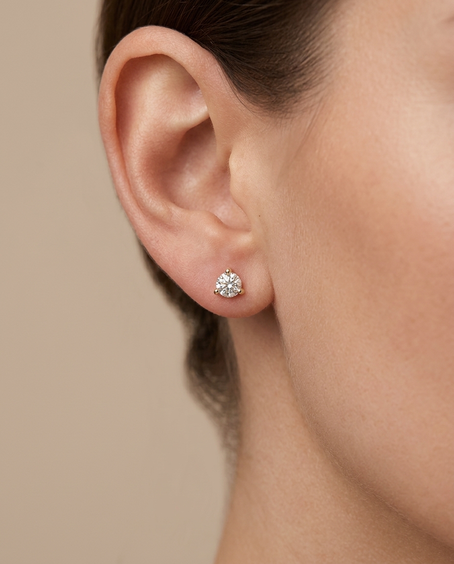 14KT Gold Three Prong Diamond Earrings view 2