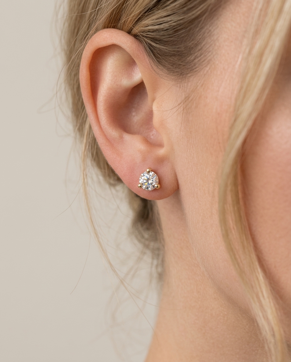 14KT Gold Three Prong Diamond Earrings on model