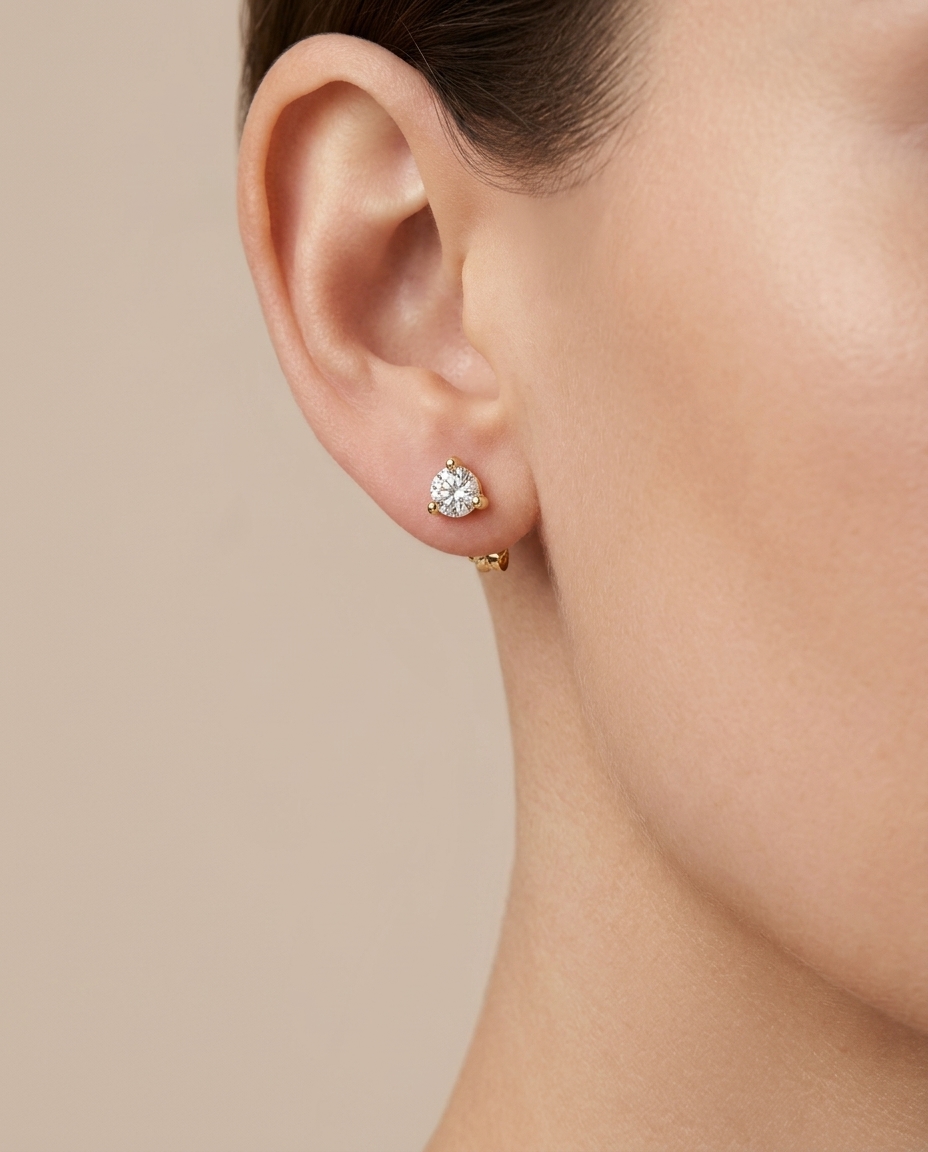 14KT Gold Three Prong Diamond Earrings view 2
