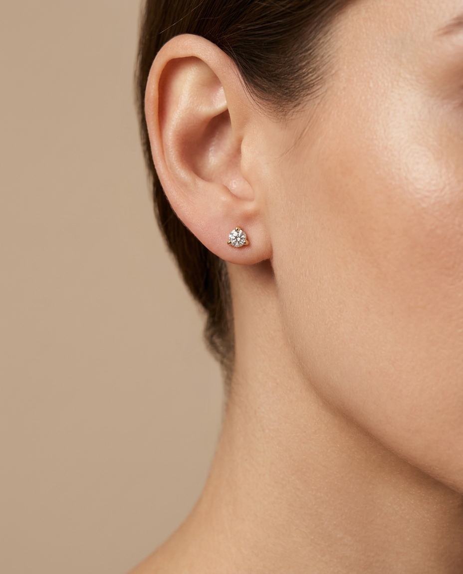 14KT Gold Three Prong Diamond Earrings on model