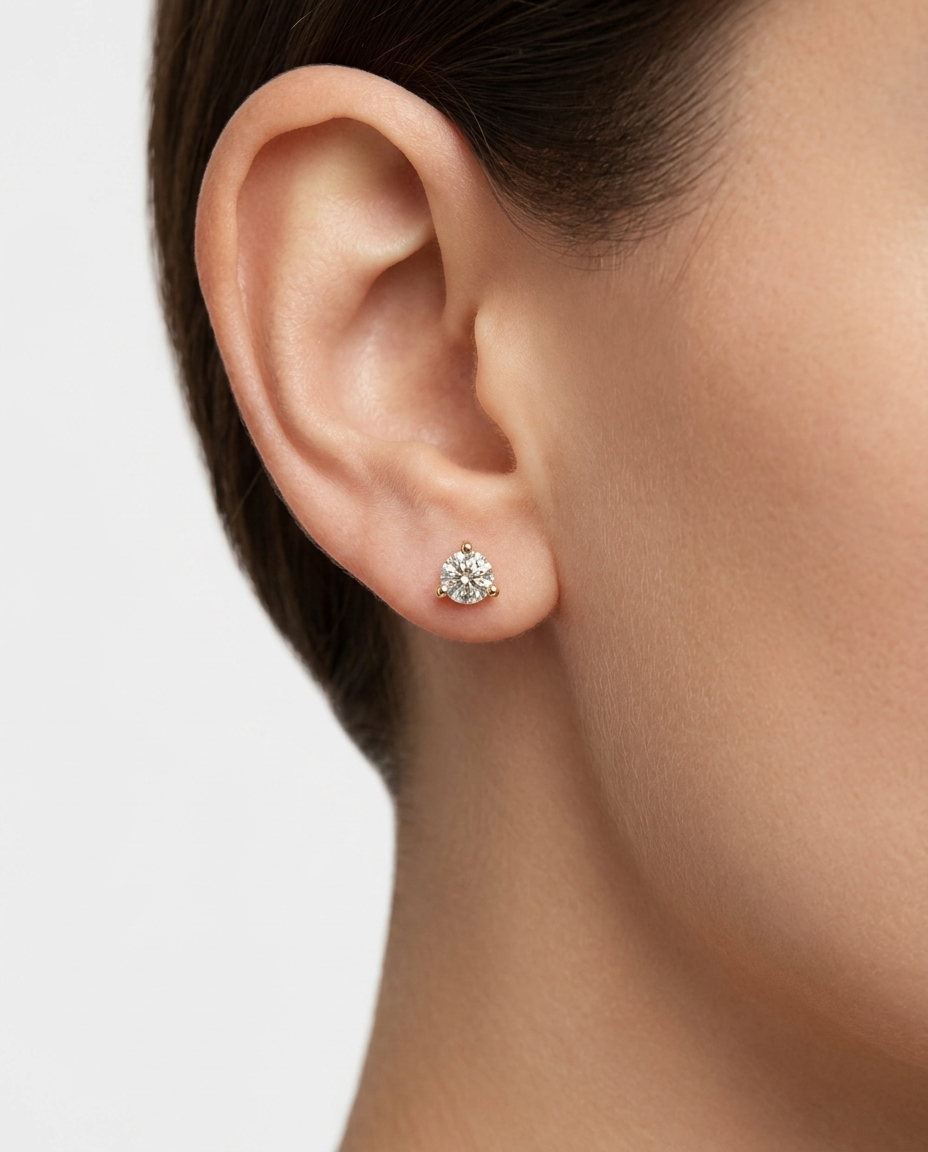 14KT Gold Three Prong Diamond Earrings on model