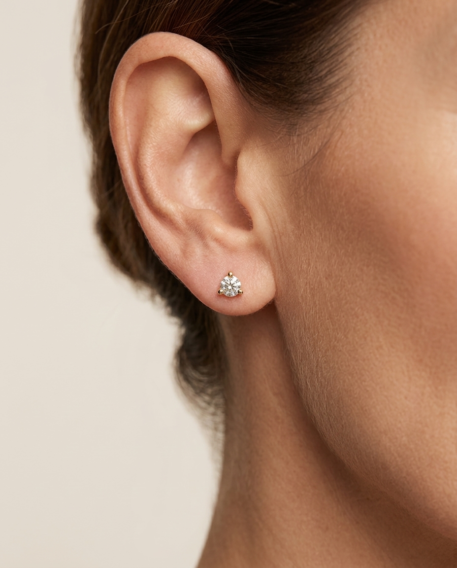 14KT Gold Three Prong Diamond Earrings on model