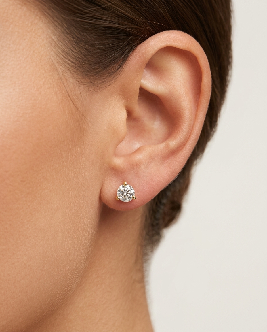 14KT Gold Three Prong Diamond Earrings view 2