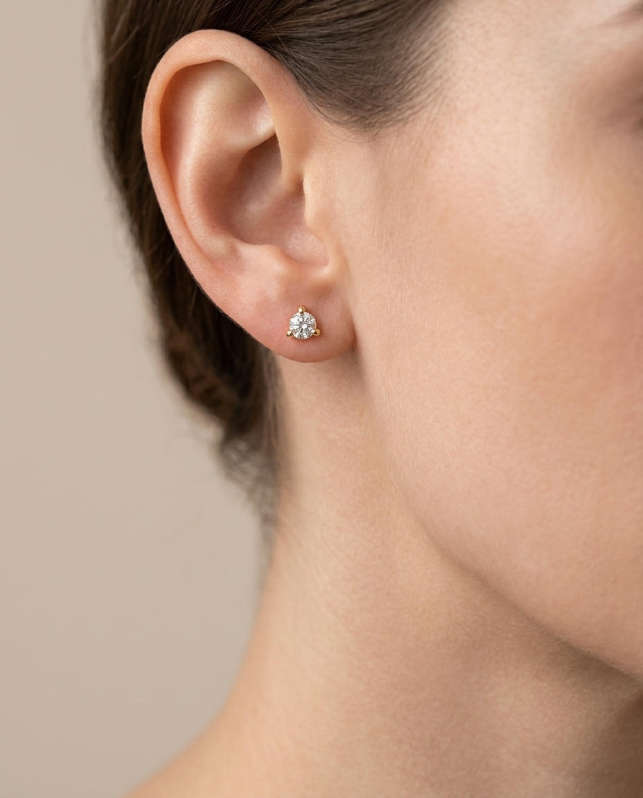 14KT Gold Three Prong Diamond Earrings on model