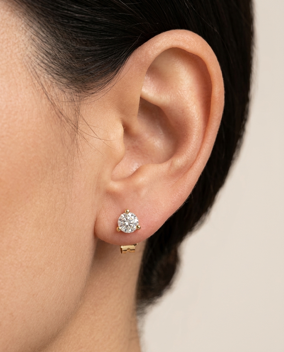 14KT Gold Three Prong Diamond Earrings on model