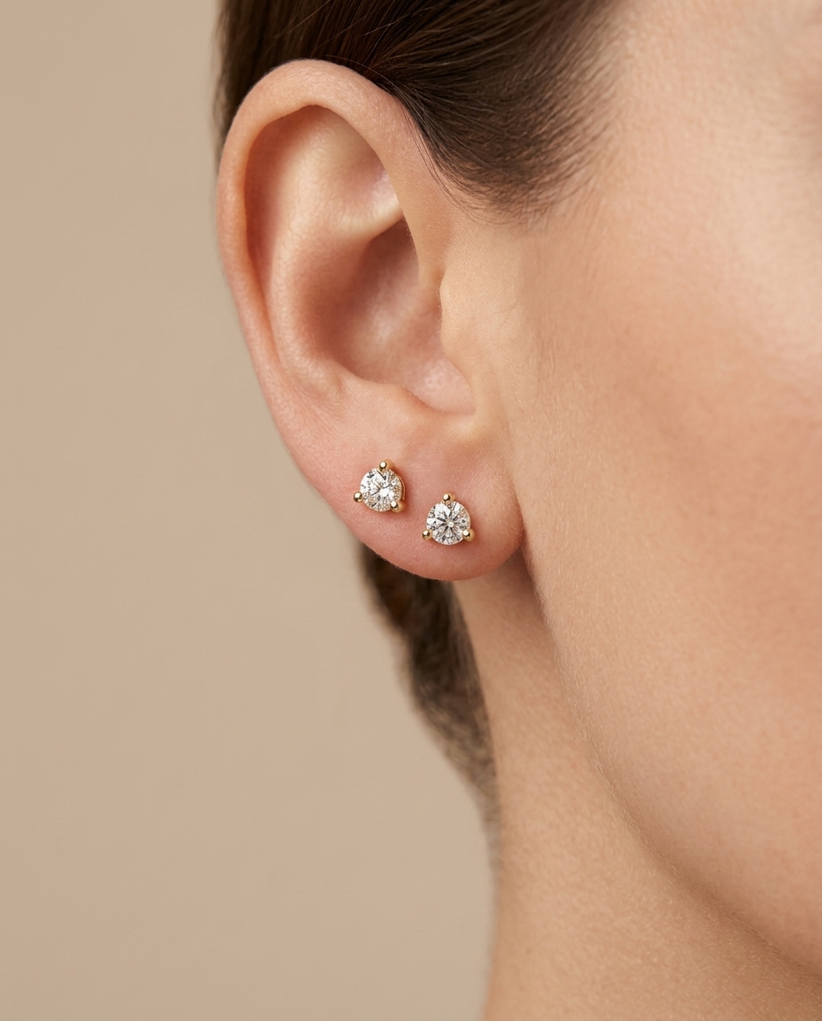14KT Gold Three Prong Diamond Earrings view 2