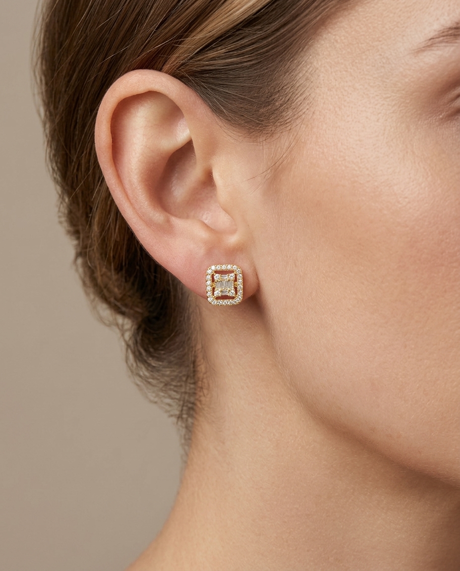 14KT Gold Rectangle Diamond Earing Studs view 2