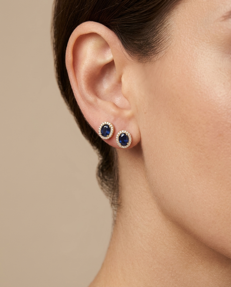 14KT Gold Blue Sapphire with Diamonds Oval Earring view 2