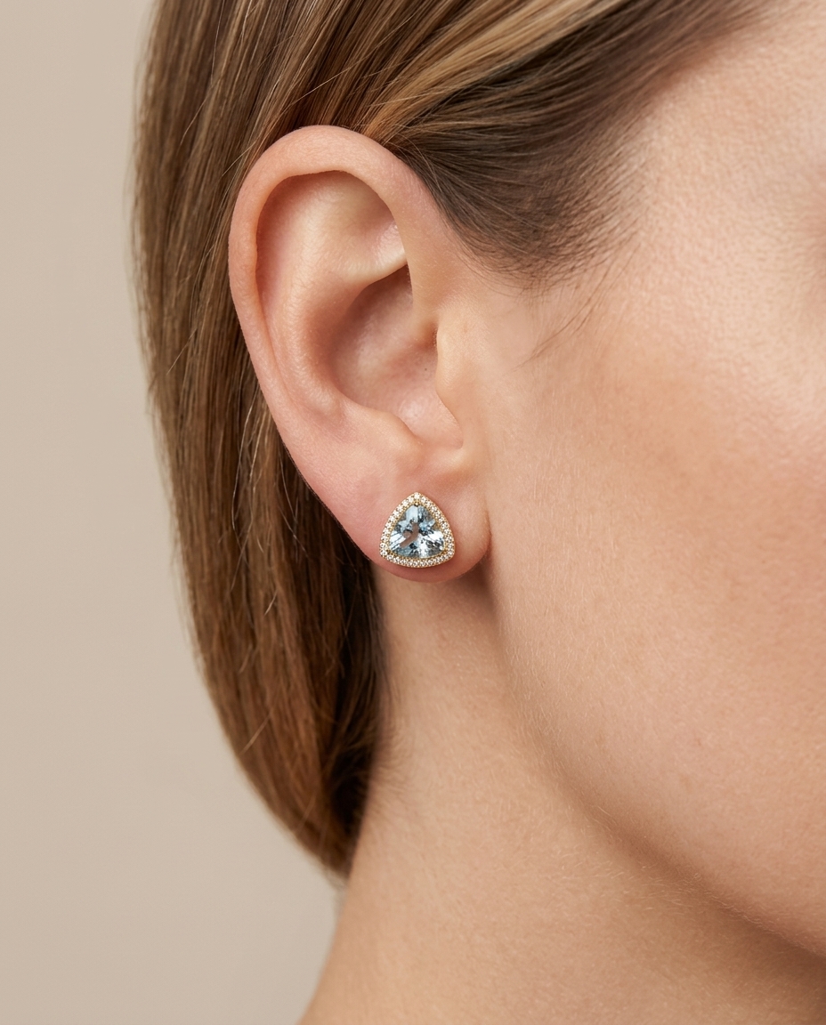 14KT Gold Aquamarine and Diamond Stud Earring on model
