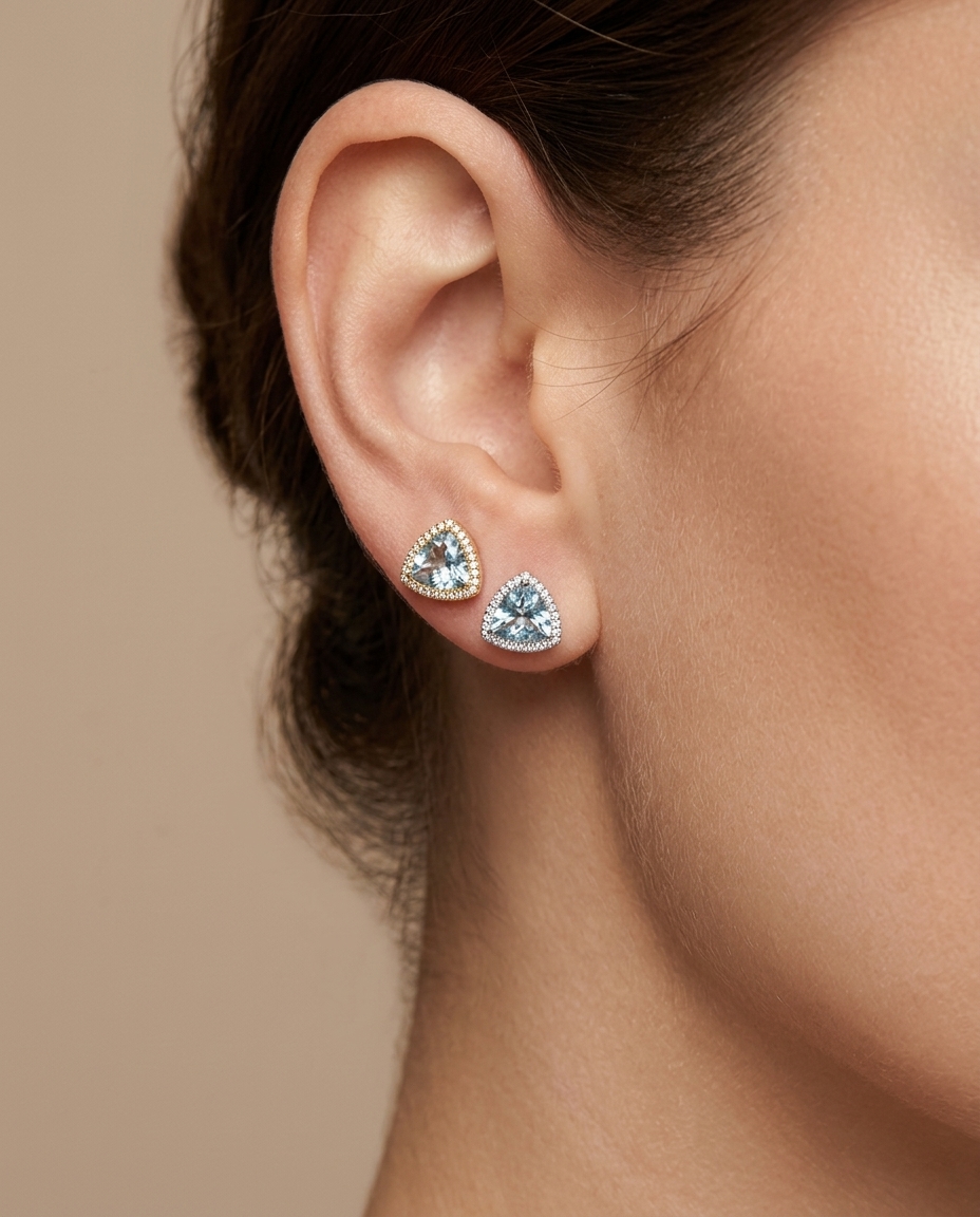 14KT Gold Aquamarine and Diamond Stud Earring view 2
