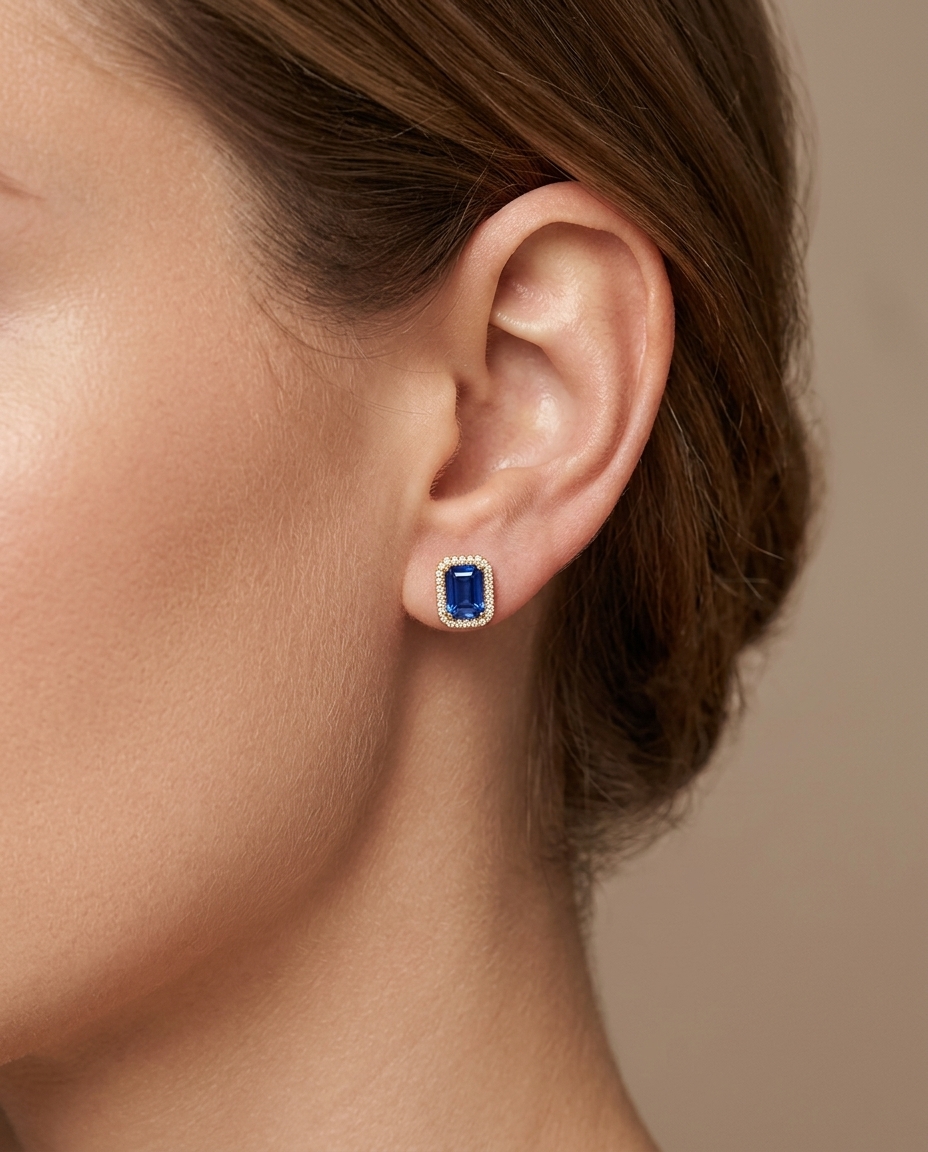 14KT Gold Emerald Cut Blue Sapphire and Diamond Stud Earring on model