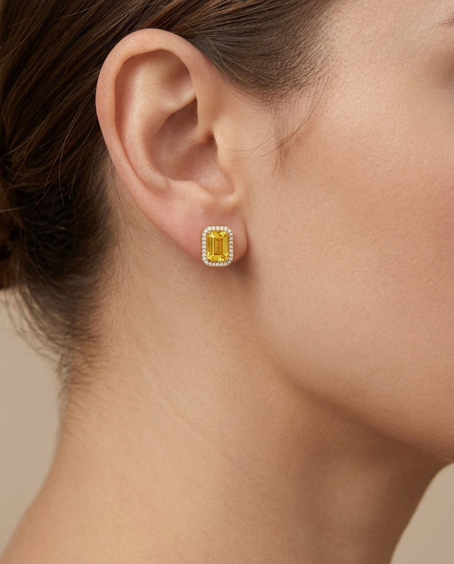 14KT Gold Emerald Cut Yellow Sapphire and Diamond Stud Earring on model
