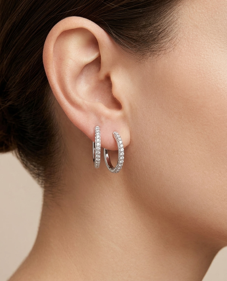 14KT White Gold Diamond Hoop Earring on model