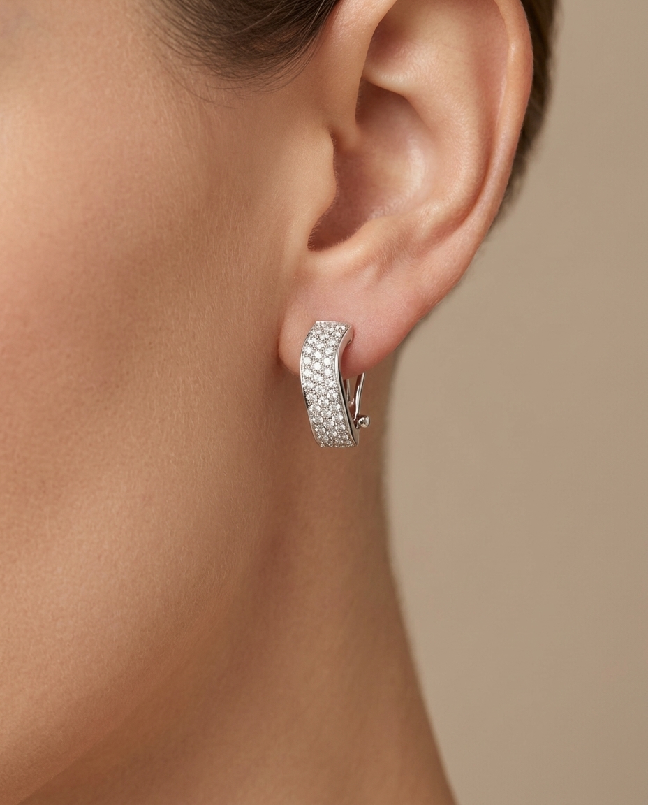 14KT White Gold Diamond Hoop Earring on model