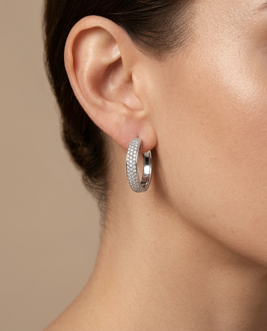 14KT White Gold Diamond Huggies Earrings on model