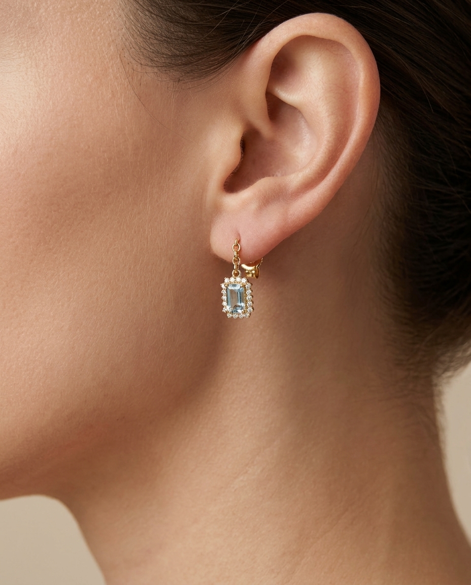 14KT Gold Aquamarine and Diamonds Stud Earring on model