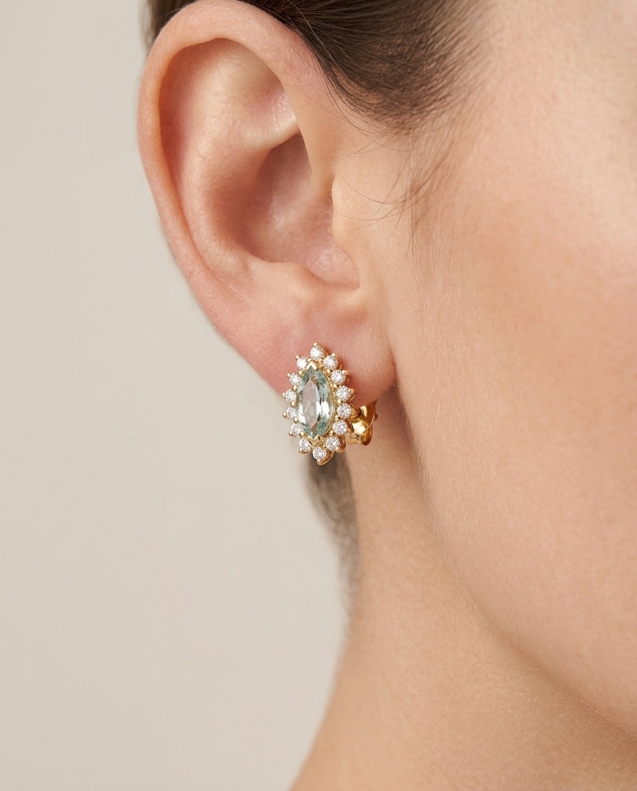 14KT Gold Aquamarine with Diamonds Earring on model