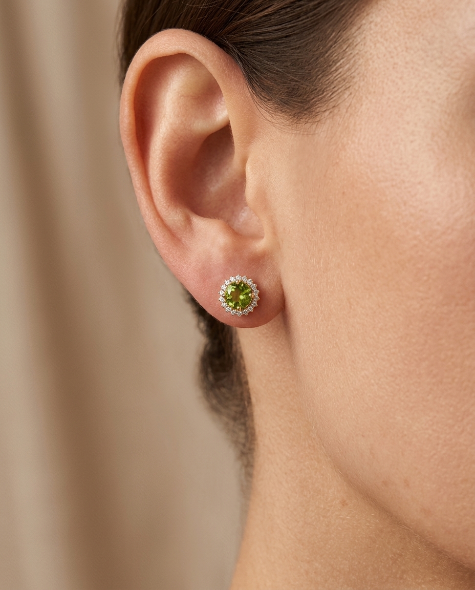 14KT Gold Green Tourmaline and Diamonds Earring on model