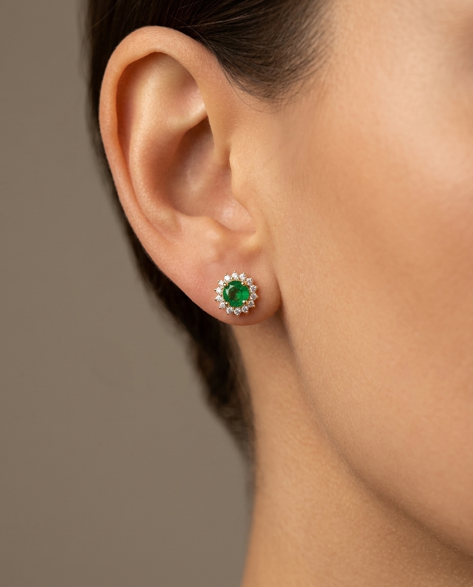 14KT Yellow Gold Tsavorite and Diamonds Earring view 2