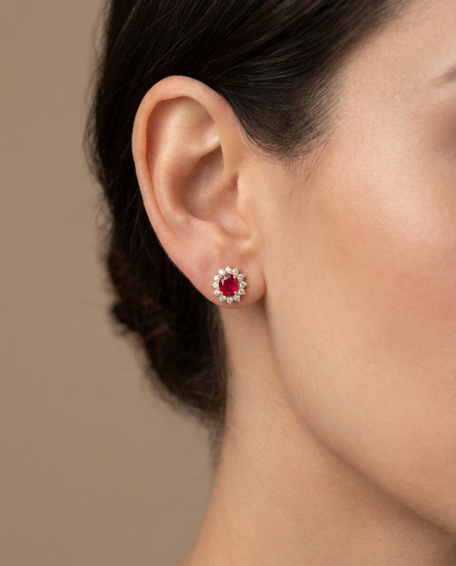 14KT Gold Ruby and Diamonds Earring on model