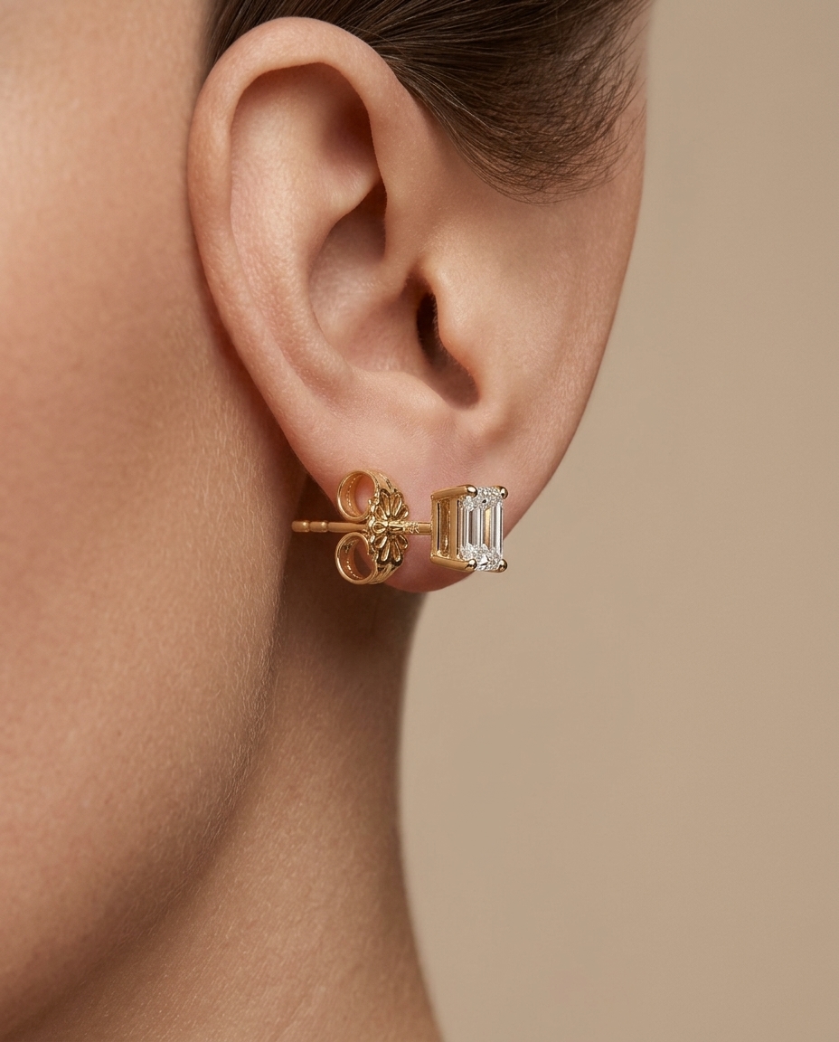 14KT Gold Emerald Cut Diamond Earring Studs on model