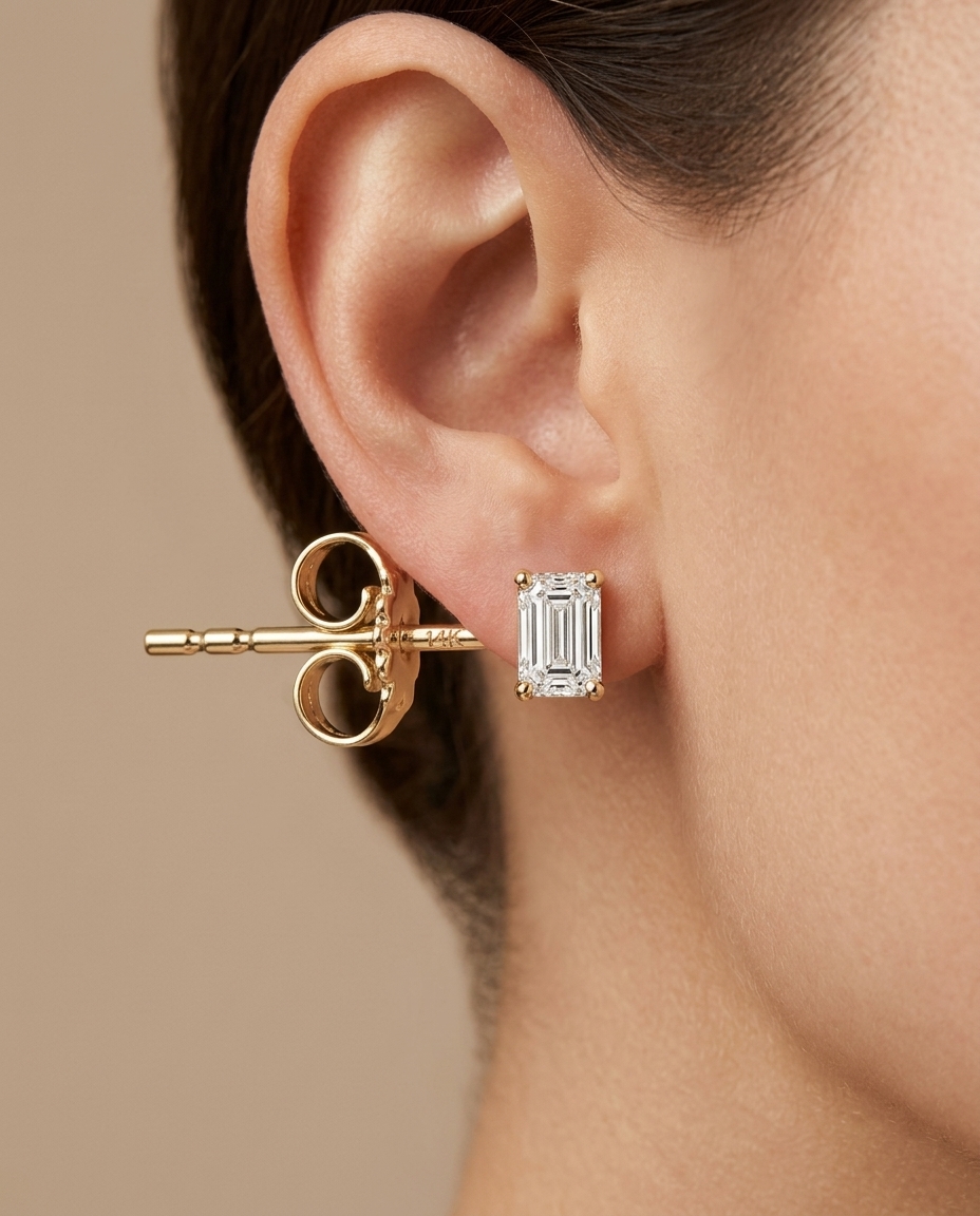 14KT Gold Emerald Cut Diamond Earring Studs on model