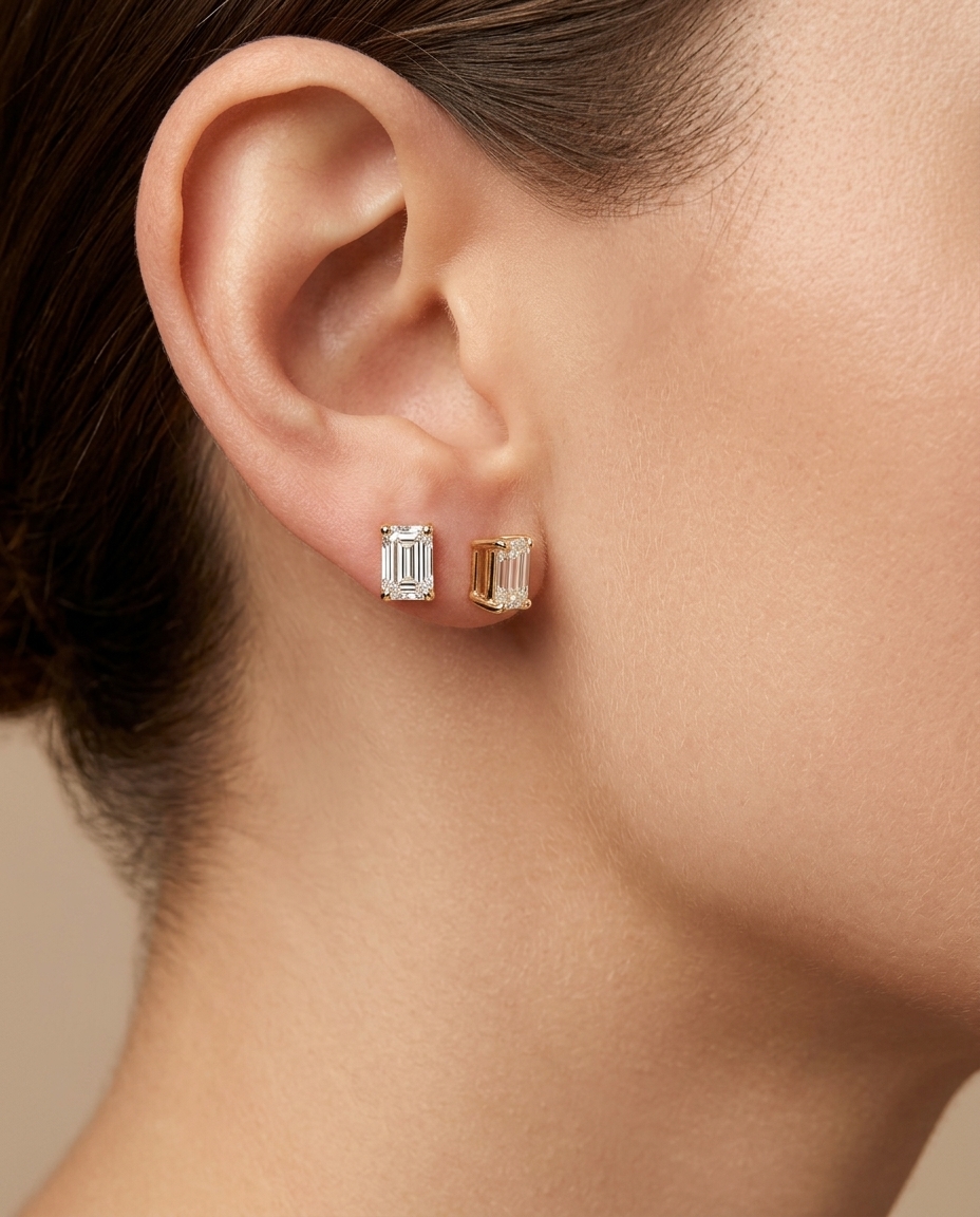 14KT Gold Emerald Cut Diamond Earring Studs view 2