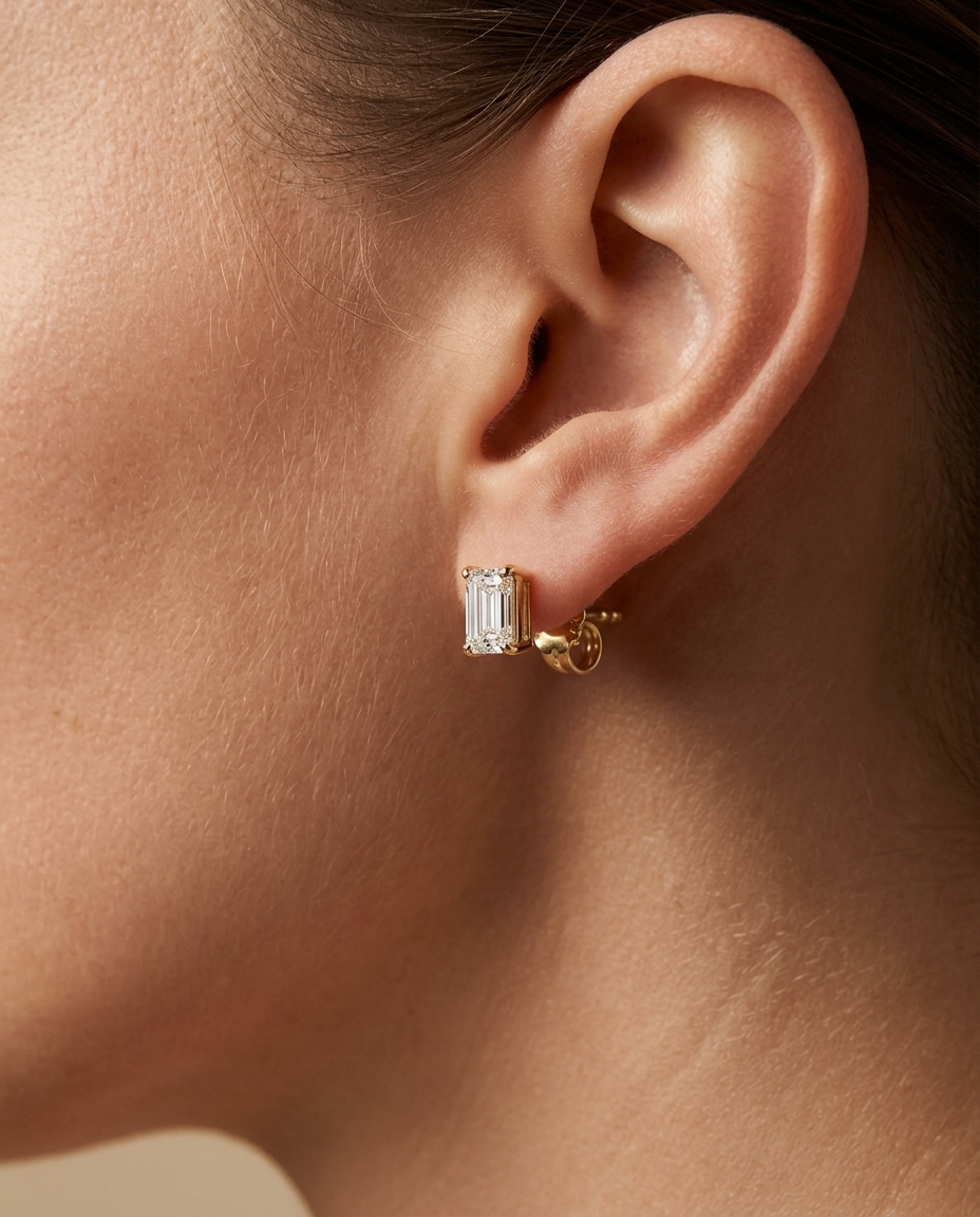 14KT Gold Emerald Cut Diamond Earring Studs view 2