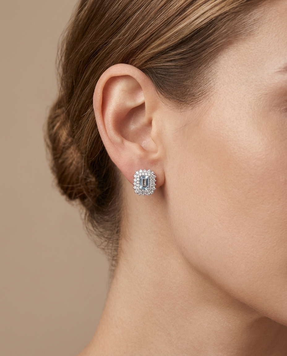 14KT White Gold Aquamarine and Diamonds Stud Earring on model