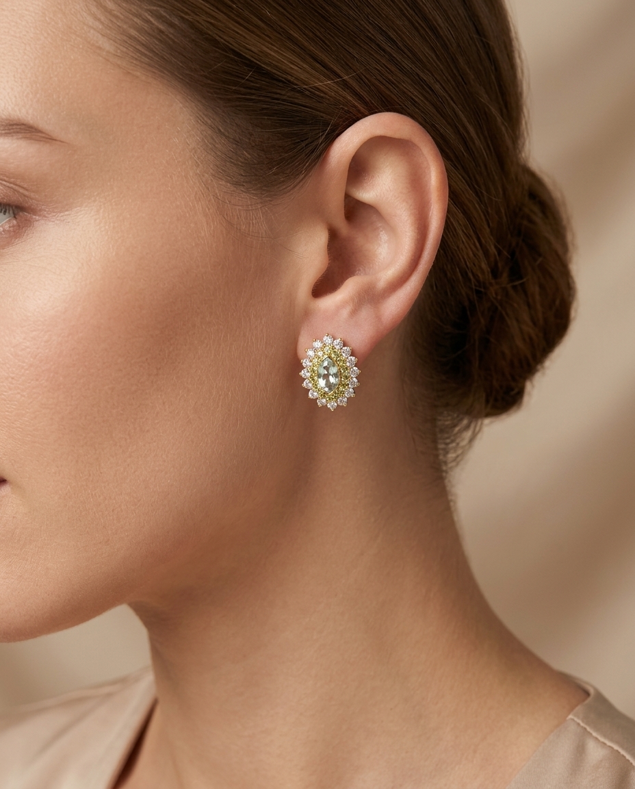 14KT Gold Aquamarine and Diamonds Stud Earring on model