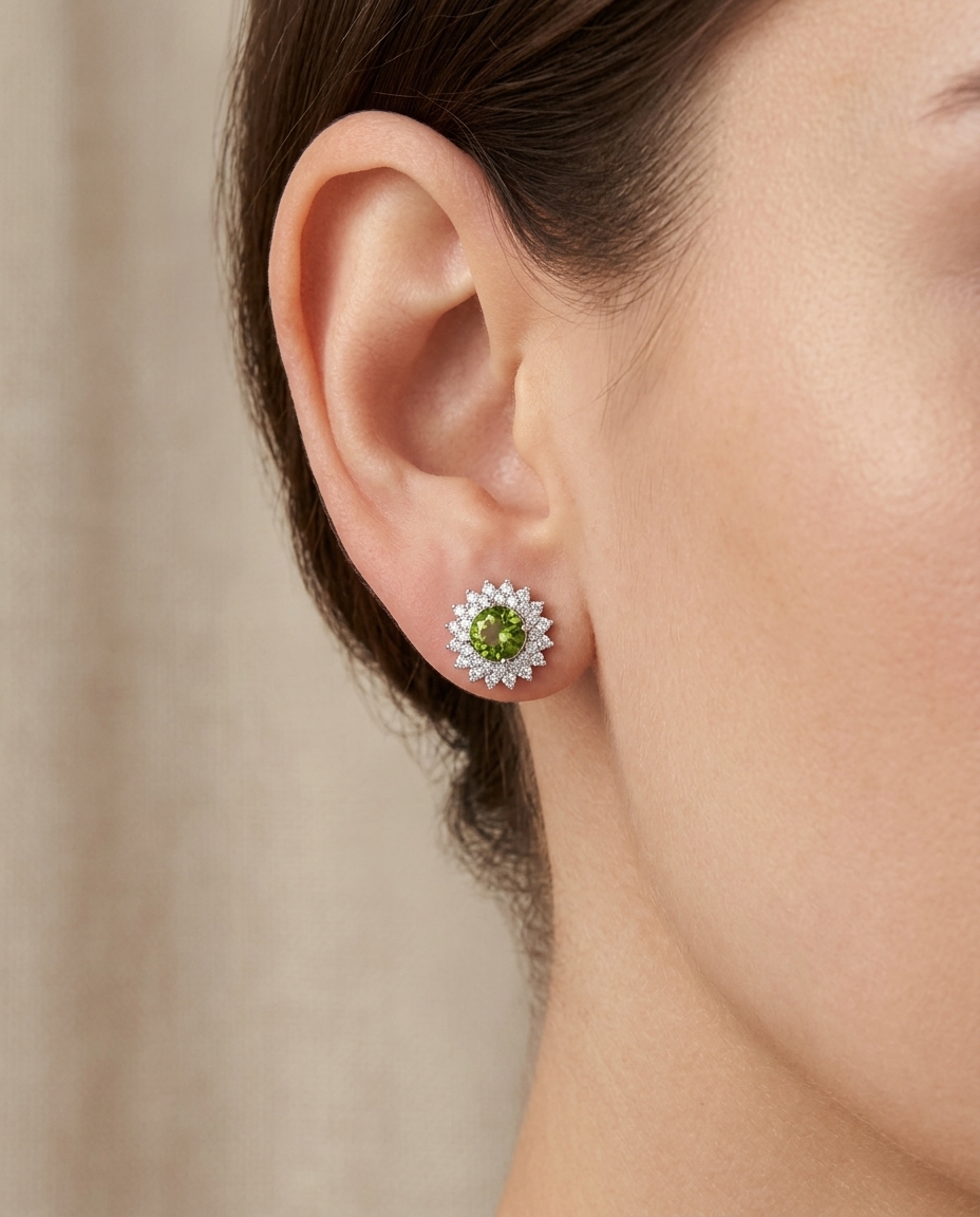 14KT White Gold Green Tourmaline and Diamonds Stud Earring on model