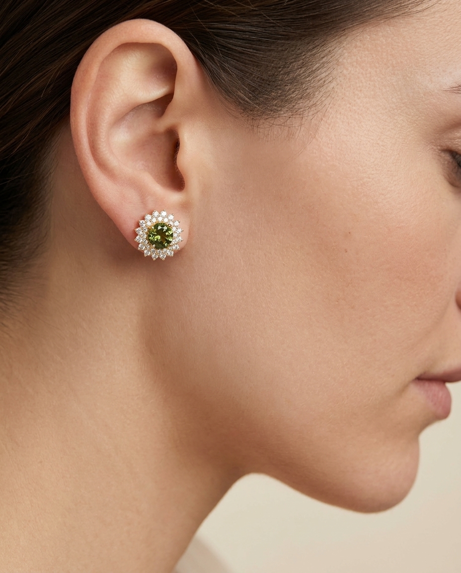 14KT Yellow Gold Green Tourmaline and Diamonds Stud Earring on model