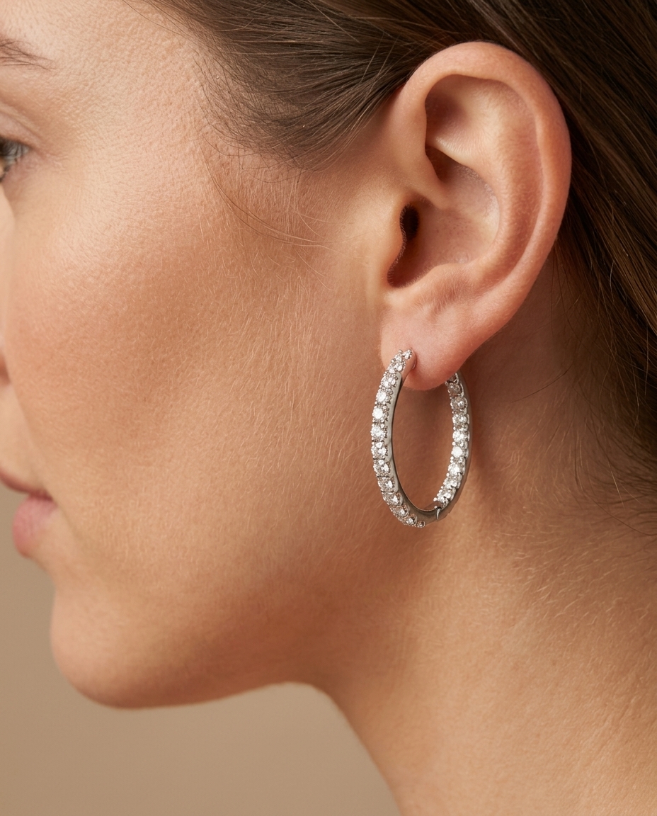 14KT White Gold Diamond Huggies Earrings on model