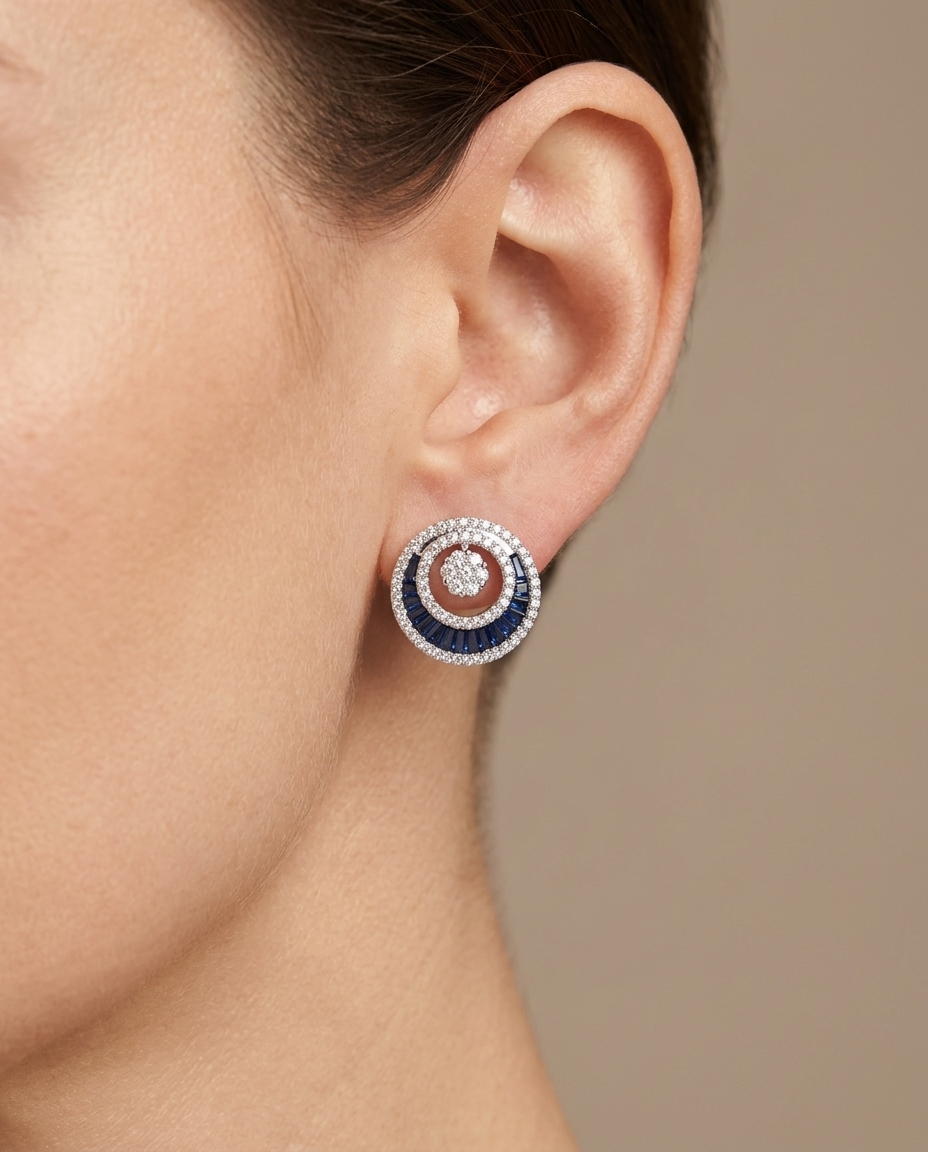 18KT White Gold Sapphire and Diamonds Earring view 2