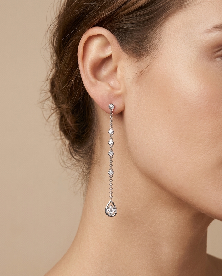 14KT White Gold Diamond Dangling Earring on model