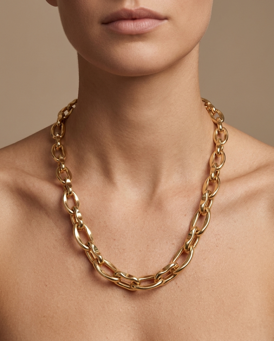 14KT Gold Paperclip Necklace on model