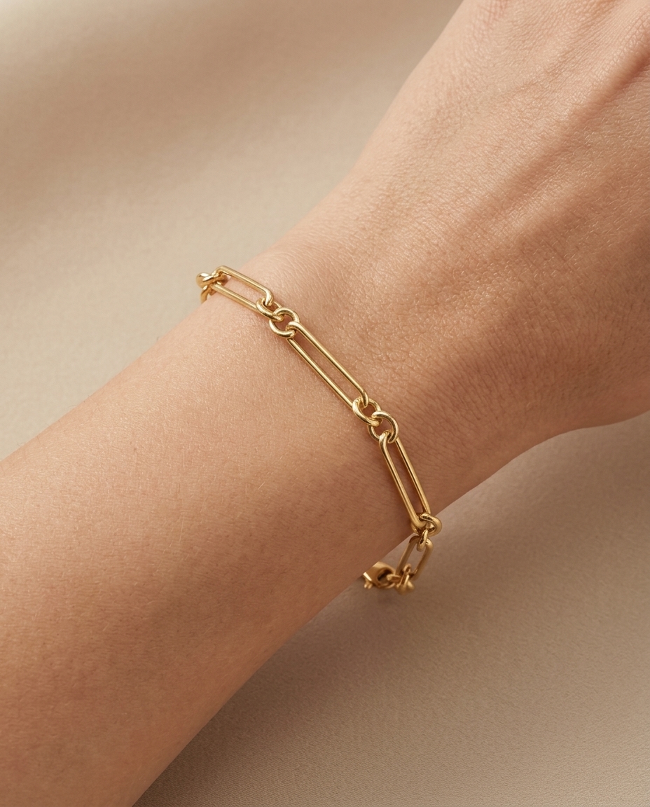 14KT Gold Paperclip Bracelet on model