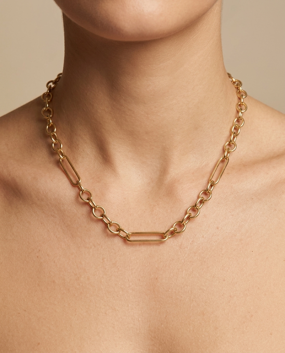 14KT Gold Paperclip Chain on model