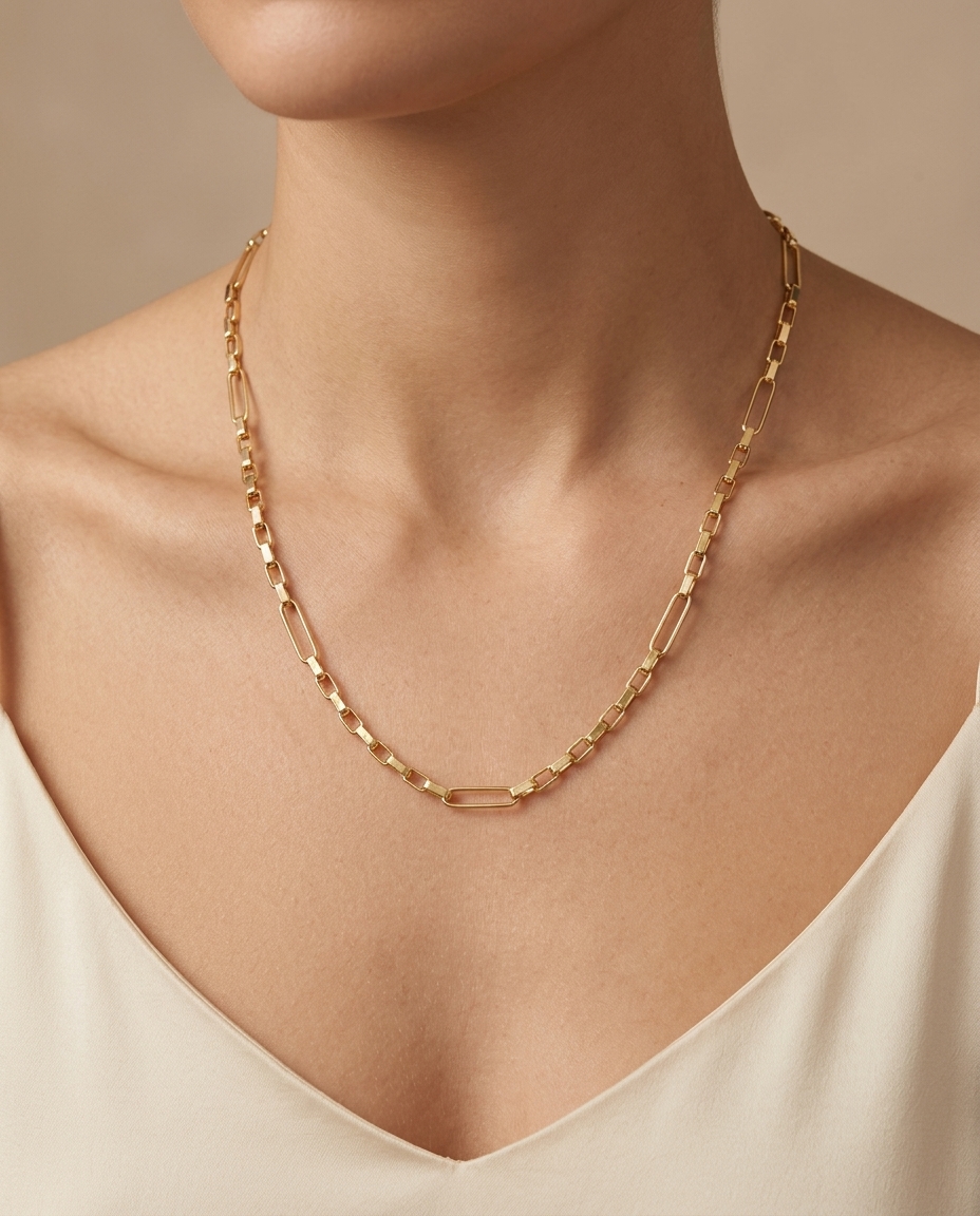14KT Gold Box Chain Necklace on model