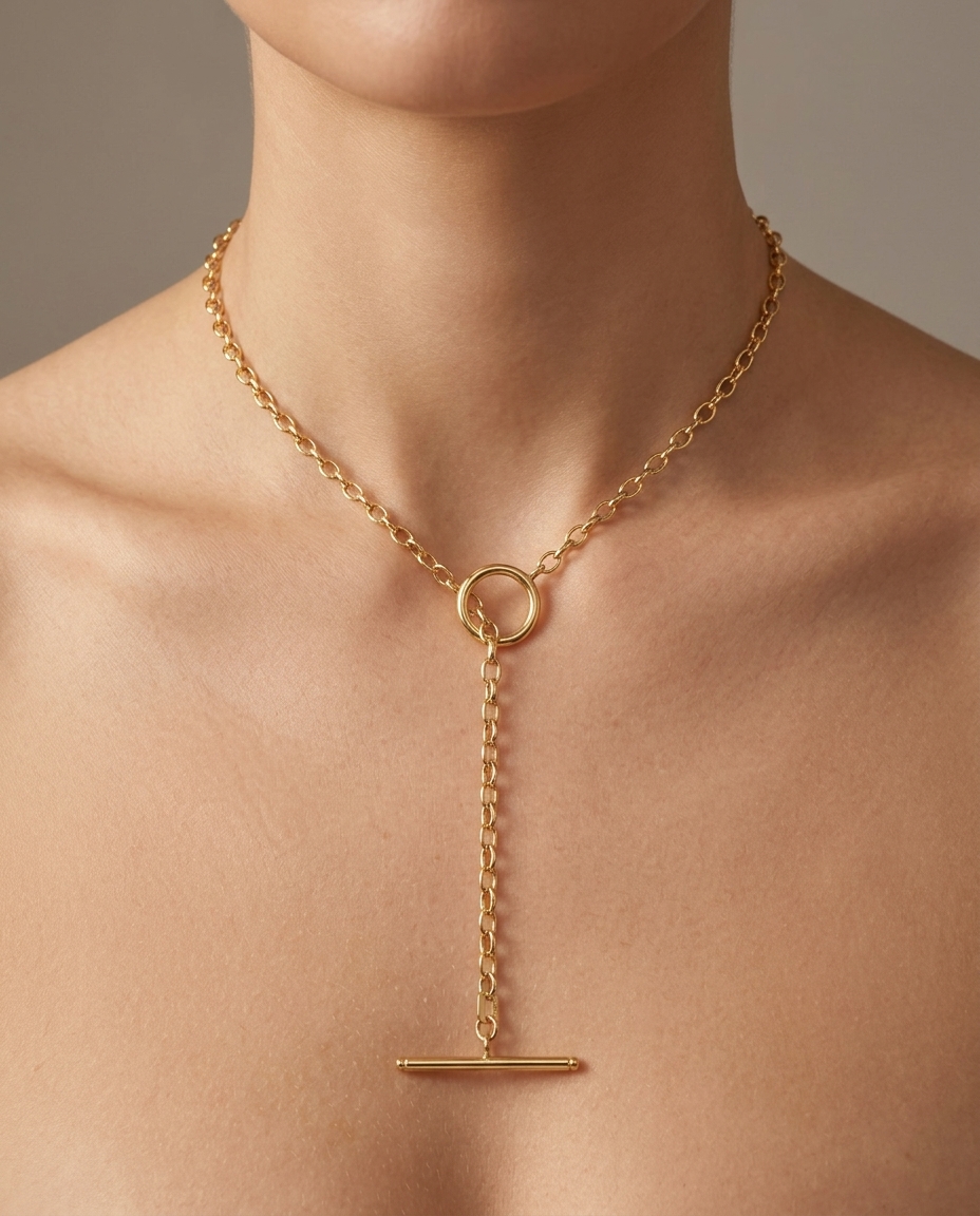 14KT Gold Oval Link Chain Necklace on model