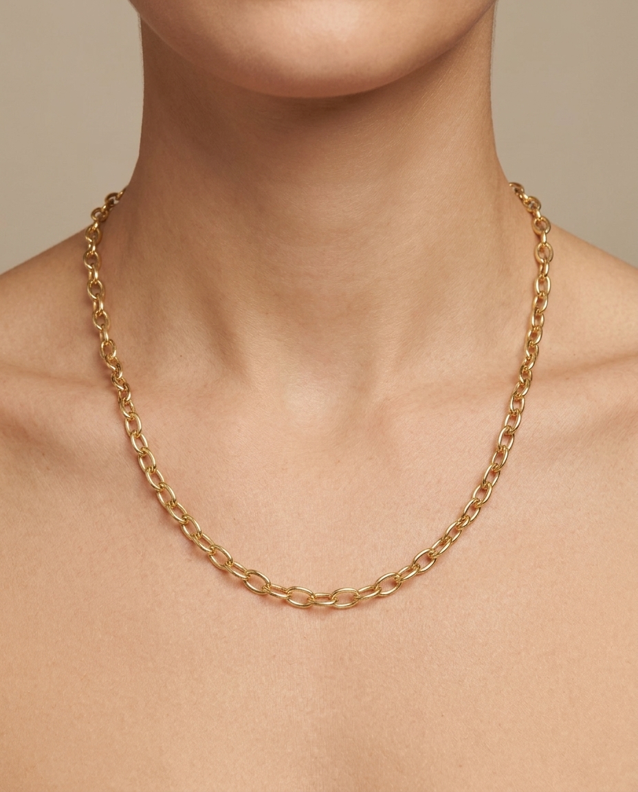 14KT Gold Oval Link Chain Necklace on model
