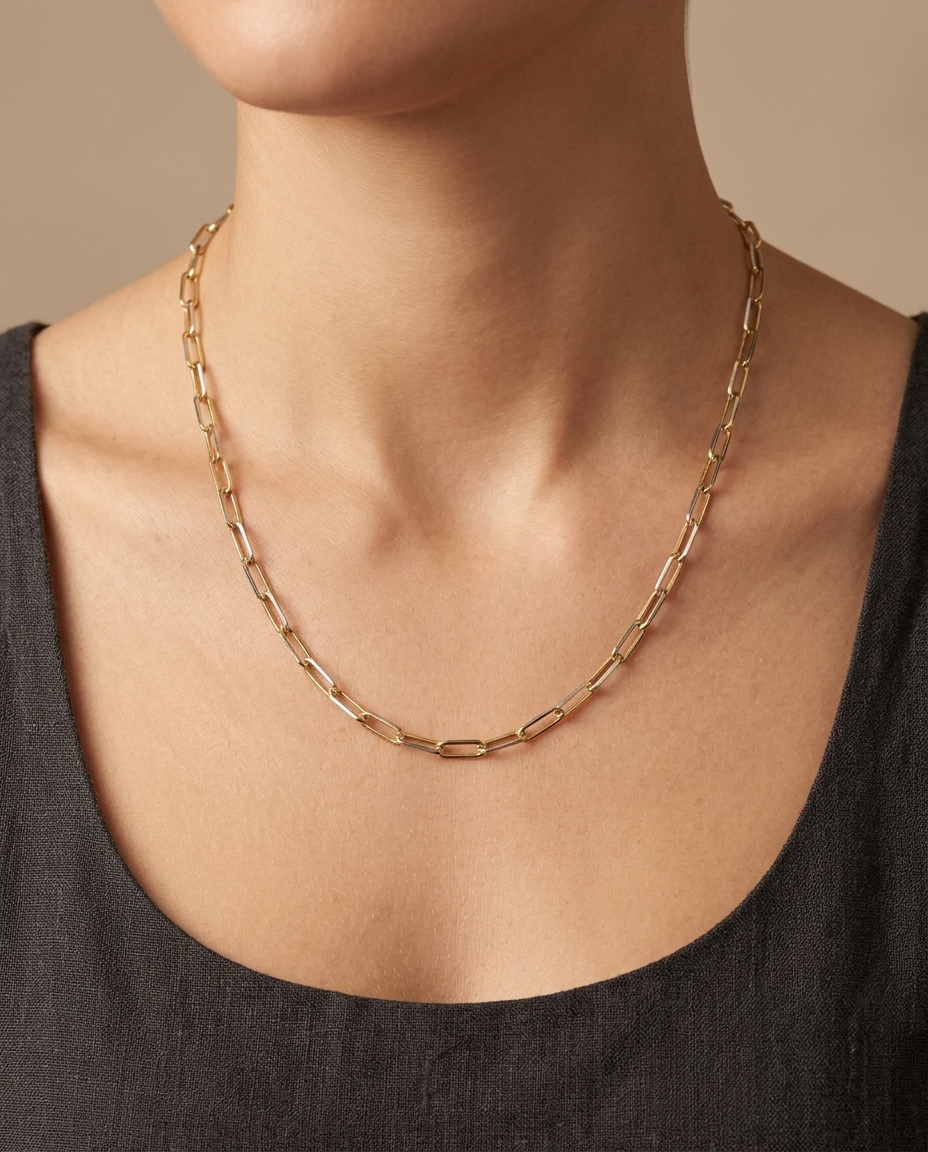 14KT Gold Two Tone Diamond Cut Paperclip Chain Necklace on model