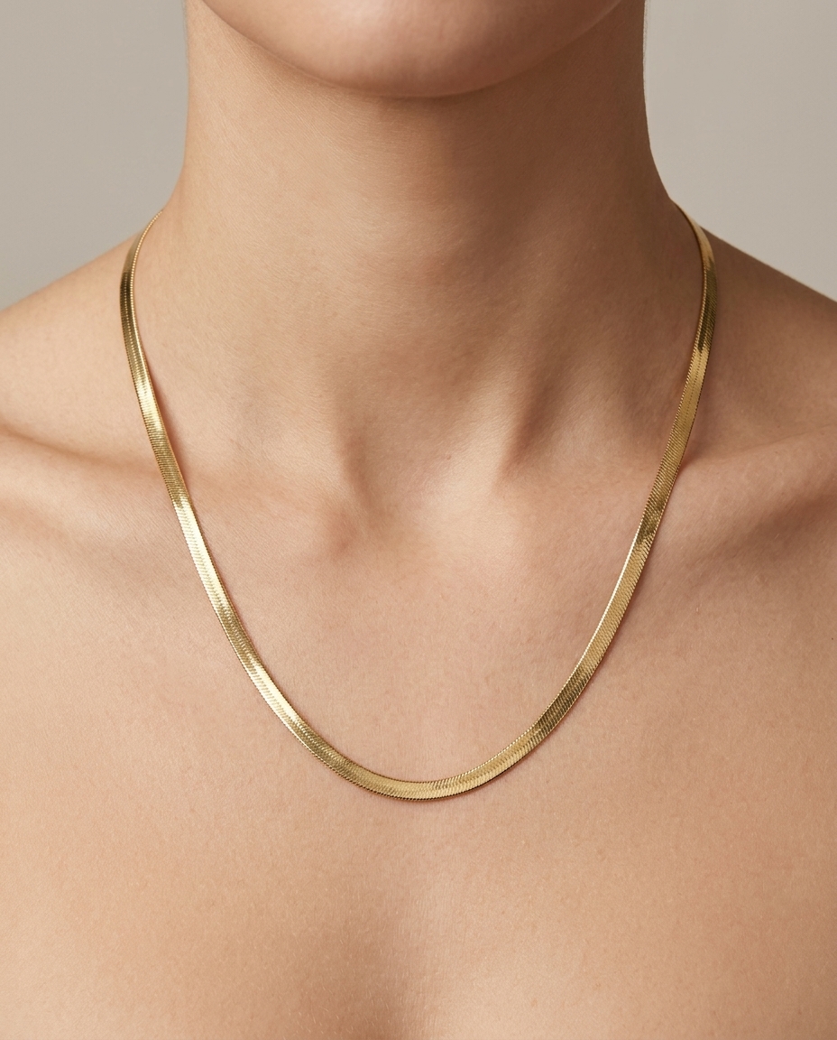 14KT Gold Herringbone Slim Chain Necklace on model
