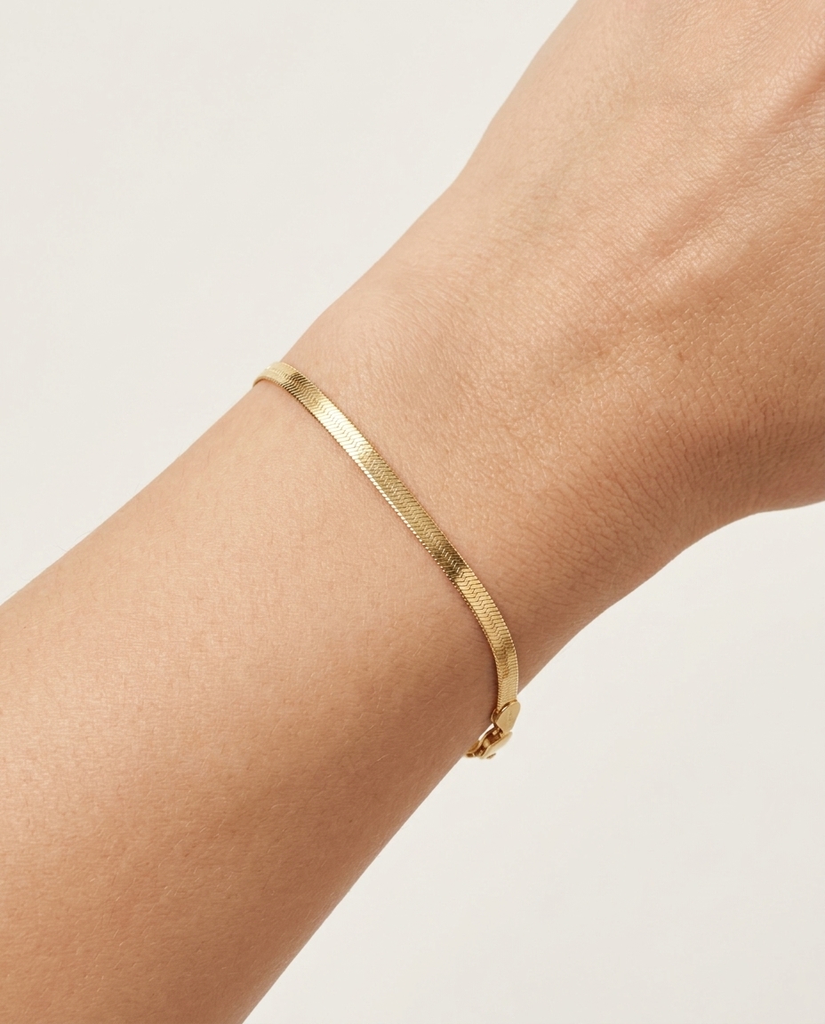 14KT Gold Herringbone Slim Chain Bracelet view 2