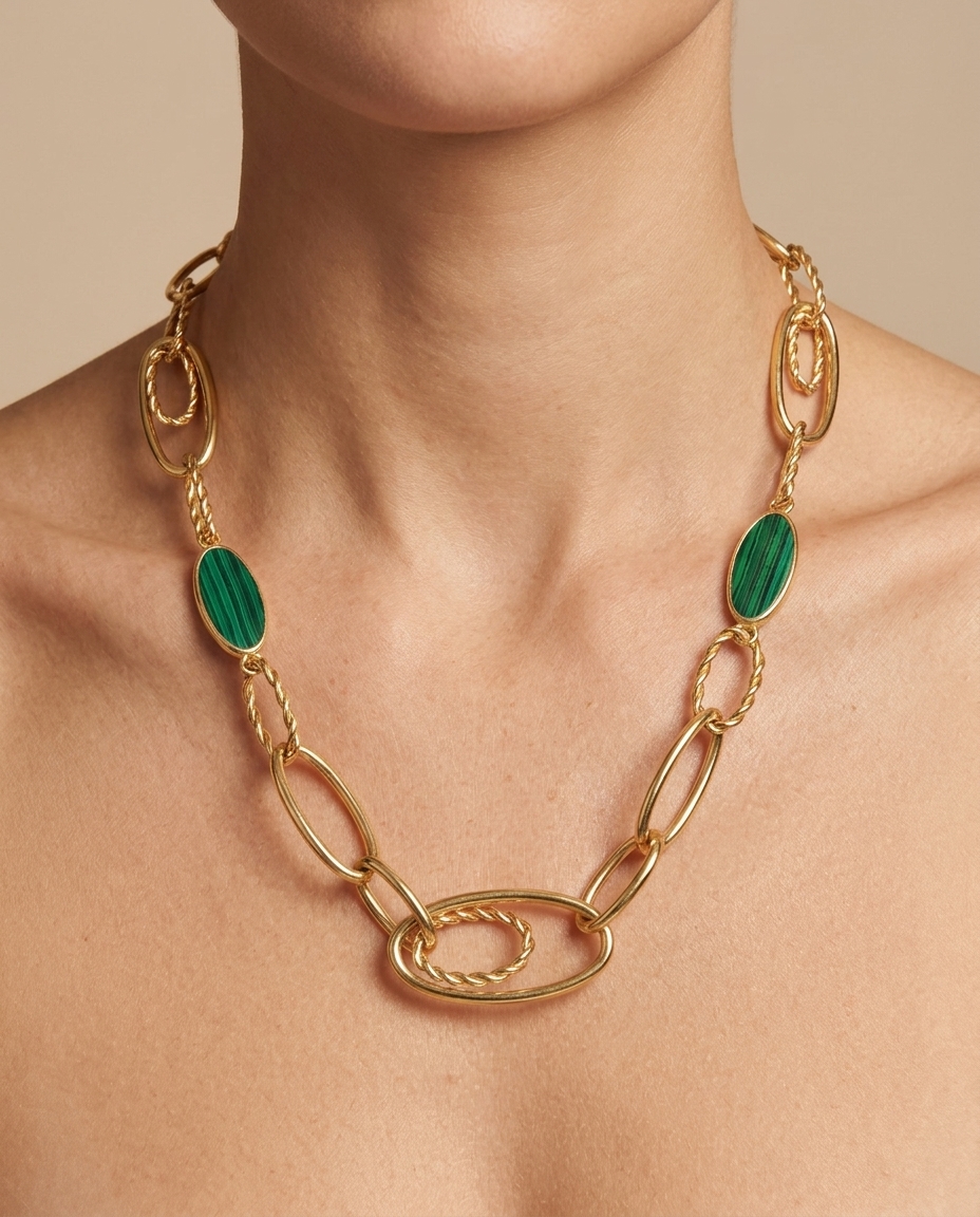 14KT Yellow Gold Link Necklace with Malachite on model