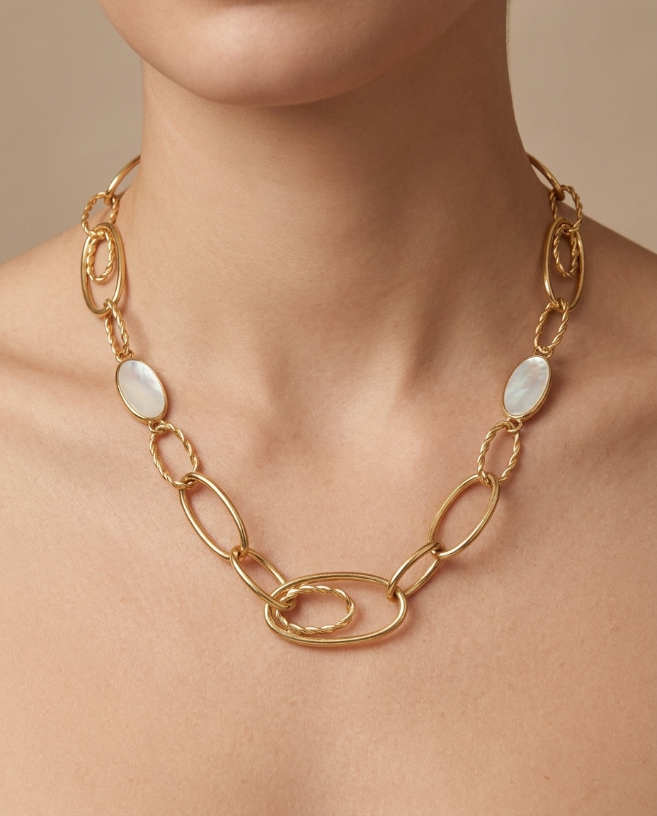 14KT Yellow Gold Link Necklace with Mother of Pearl on model