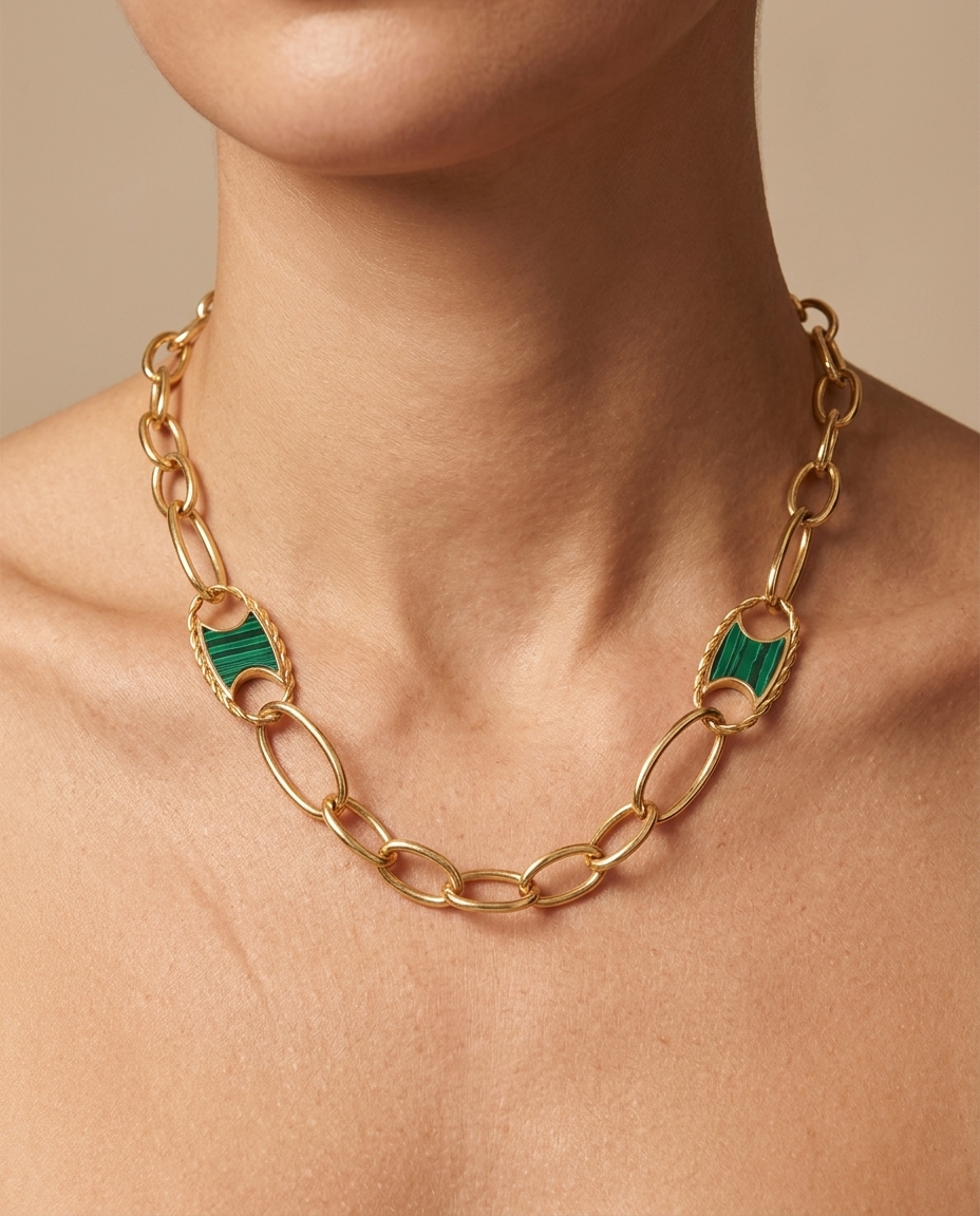 14KT Yellow Gold Link Necklace with Malachite view 2