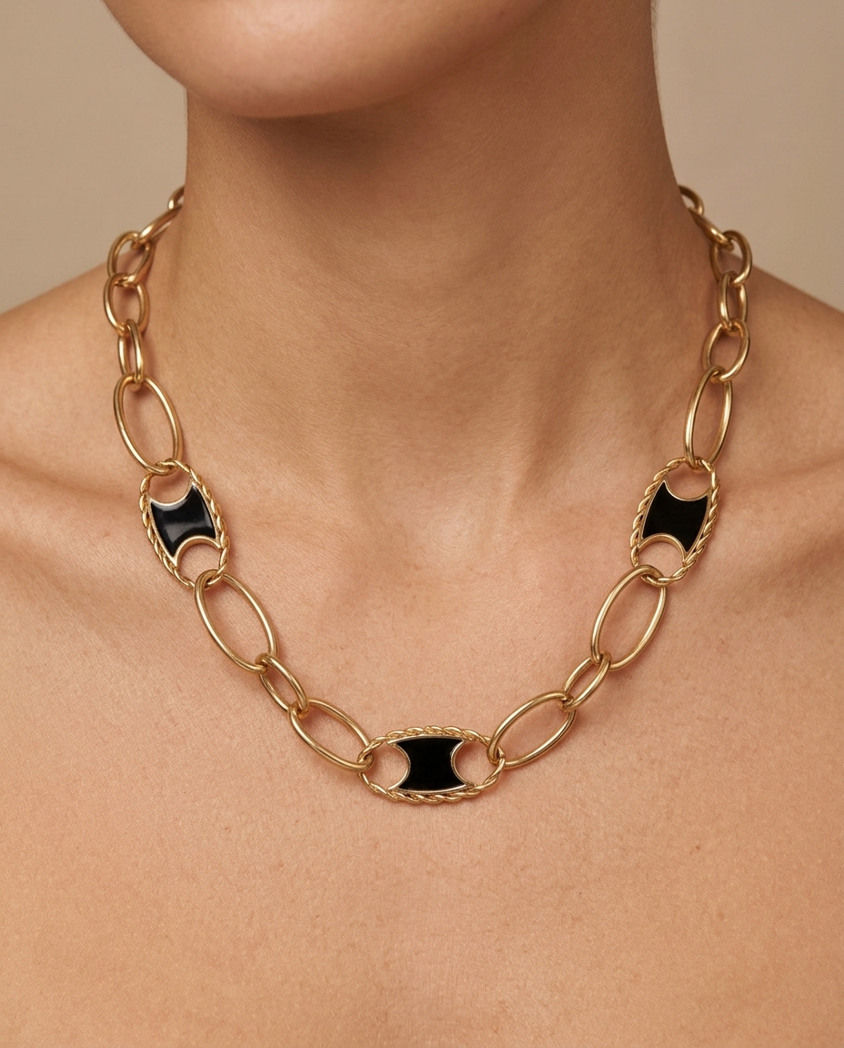 14KT Yellow Gold Link Necklace with Black Onyx view 2