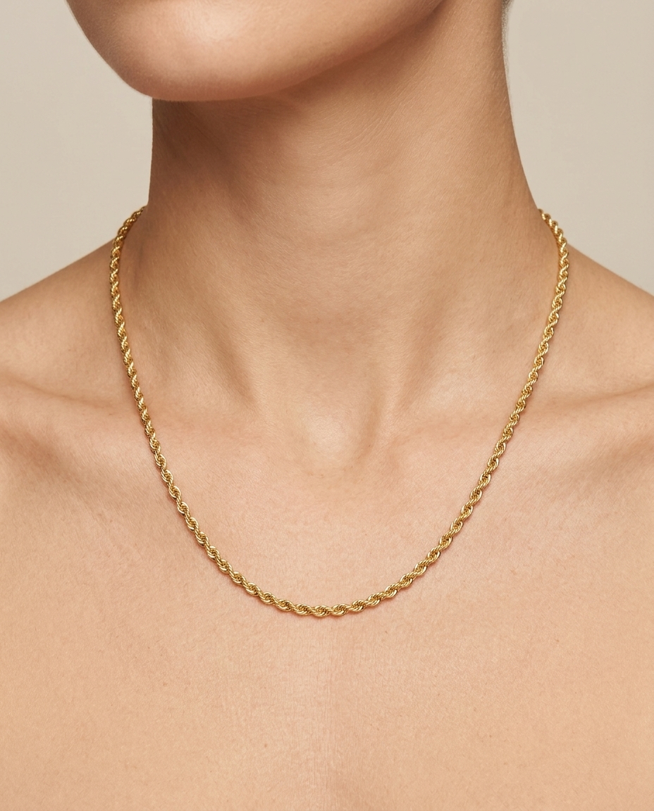 14KT Gold Rope Chain Necklace on model