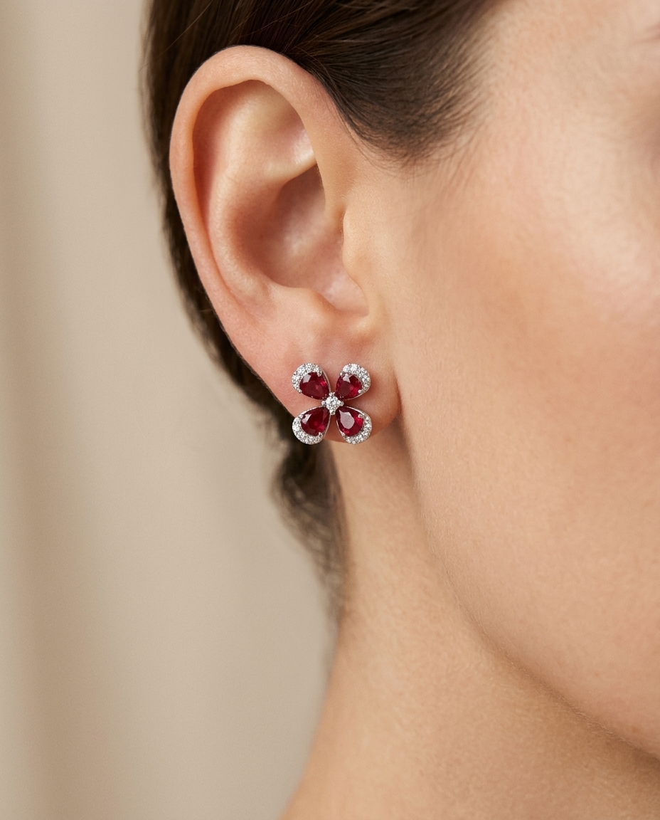 18KT White Gold Ruby and Diamond Earring on model